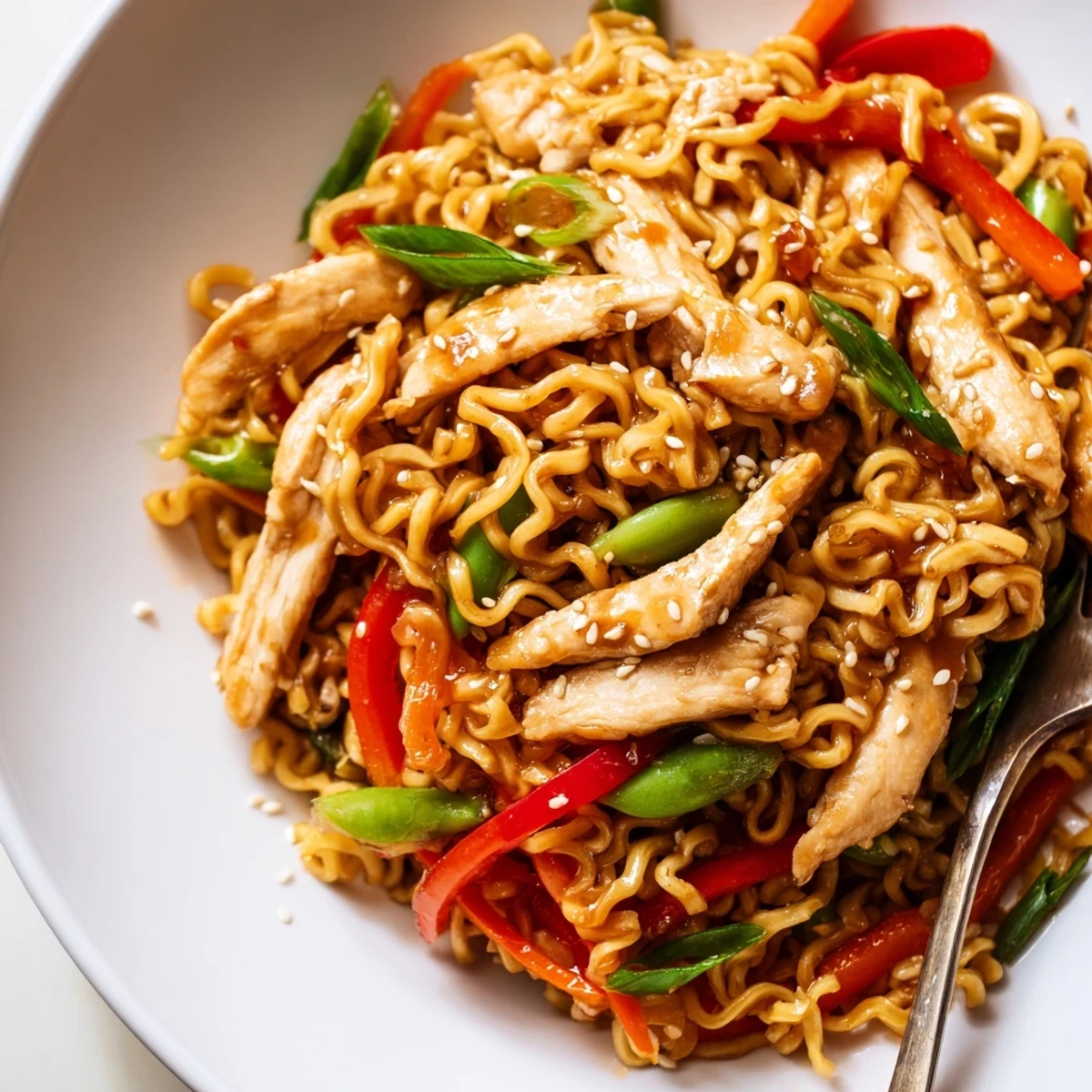 Pan-tossed Chicken Ramen Stir Fry offers savory sauce, tender chicken, crunchy snap peas
