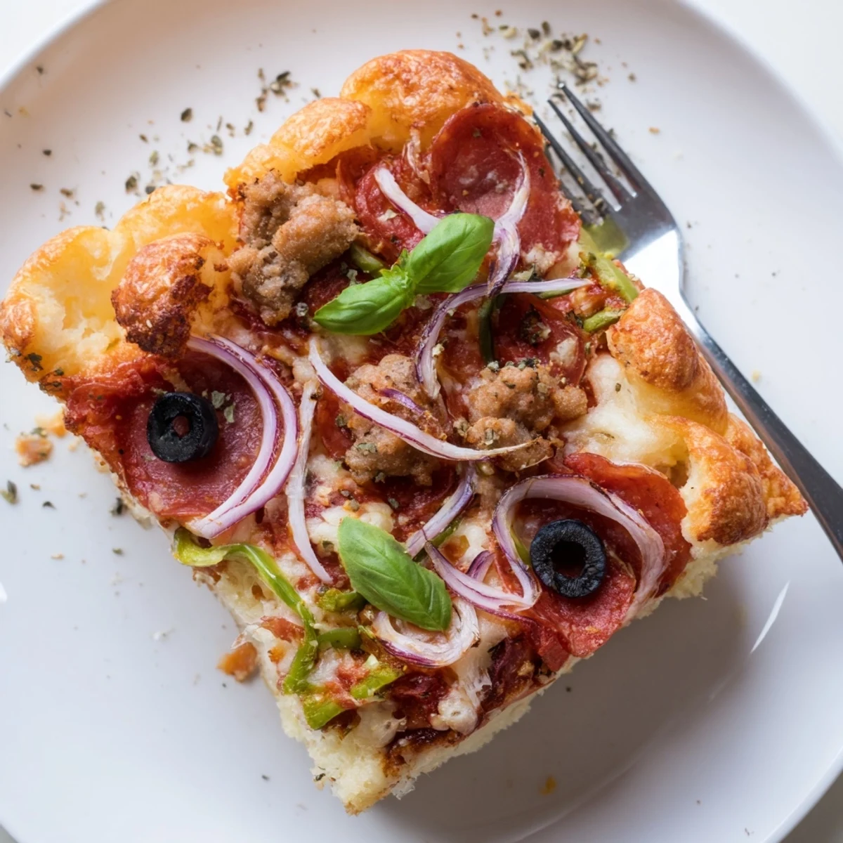 Slices of warm Focaccia Pizza Supreme on a wooden board, basil garnish