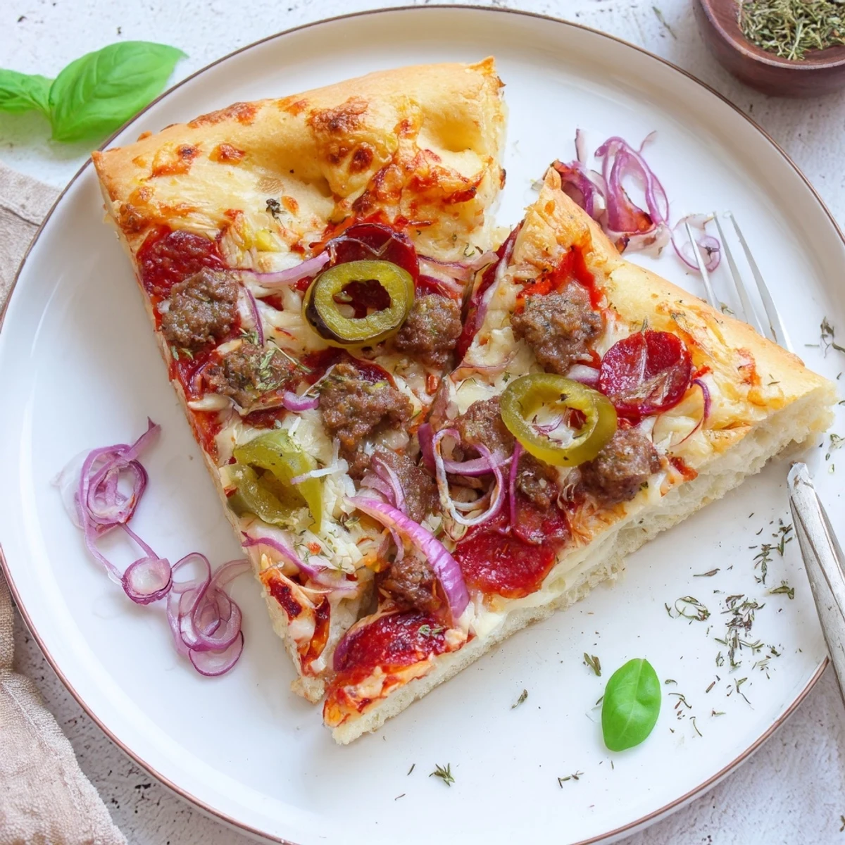 Golden, herb-scented Focaccia Pizza Supreme topped with bubbling mozzarella and pepperoni