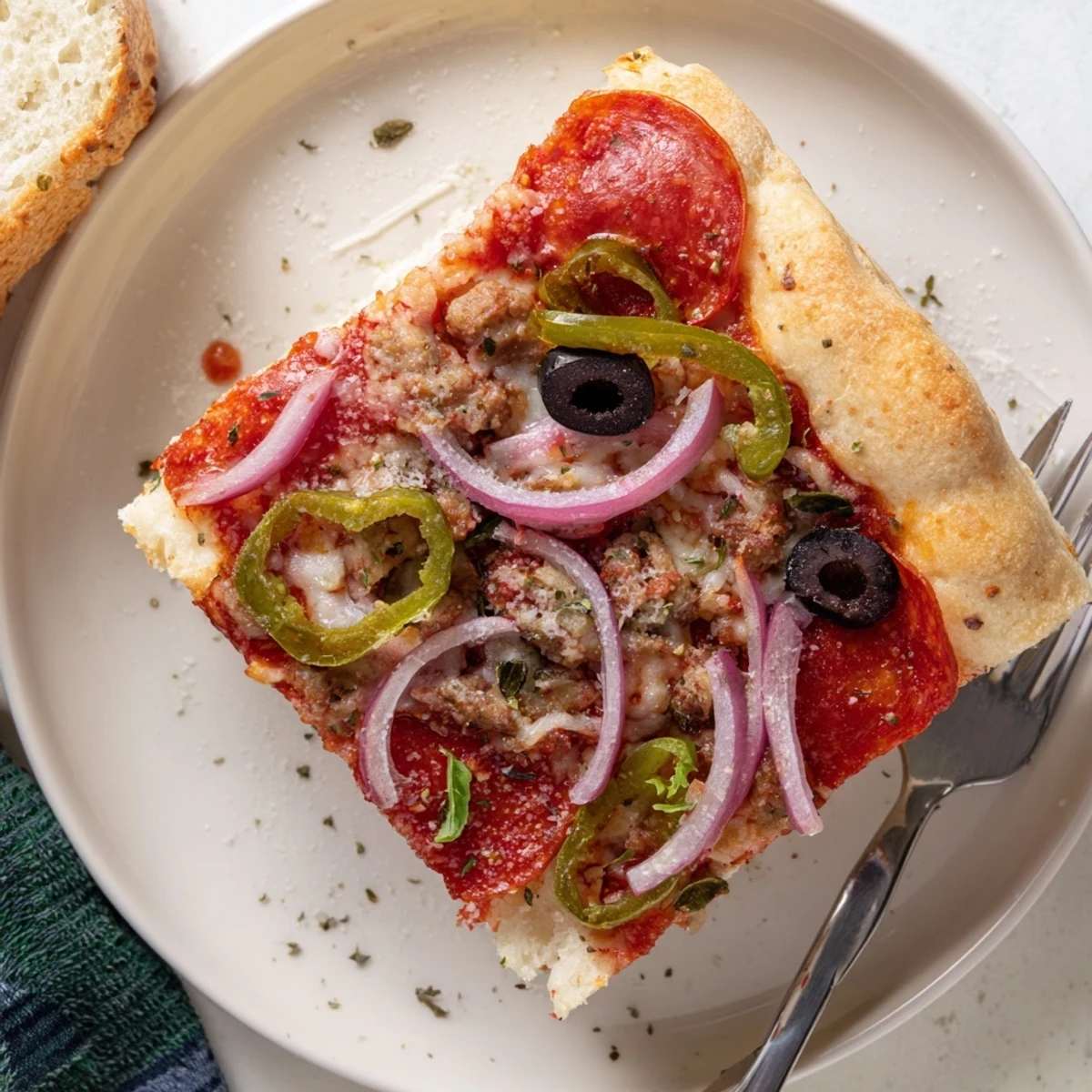 Chewy focaccia crust meets savory meats in this oven-baked Focaccia Pizza Supreme