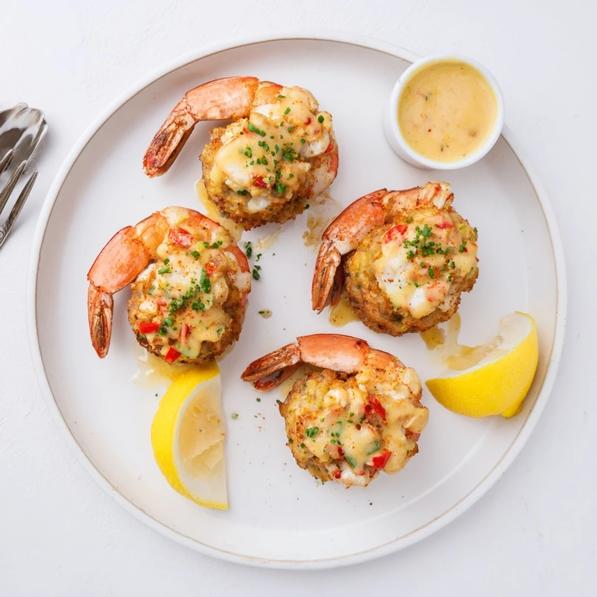 Crab Cake Stuffed Shrimp With Cowboy Butter, golden broiled and drizzled, served with lemon