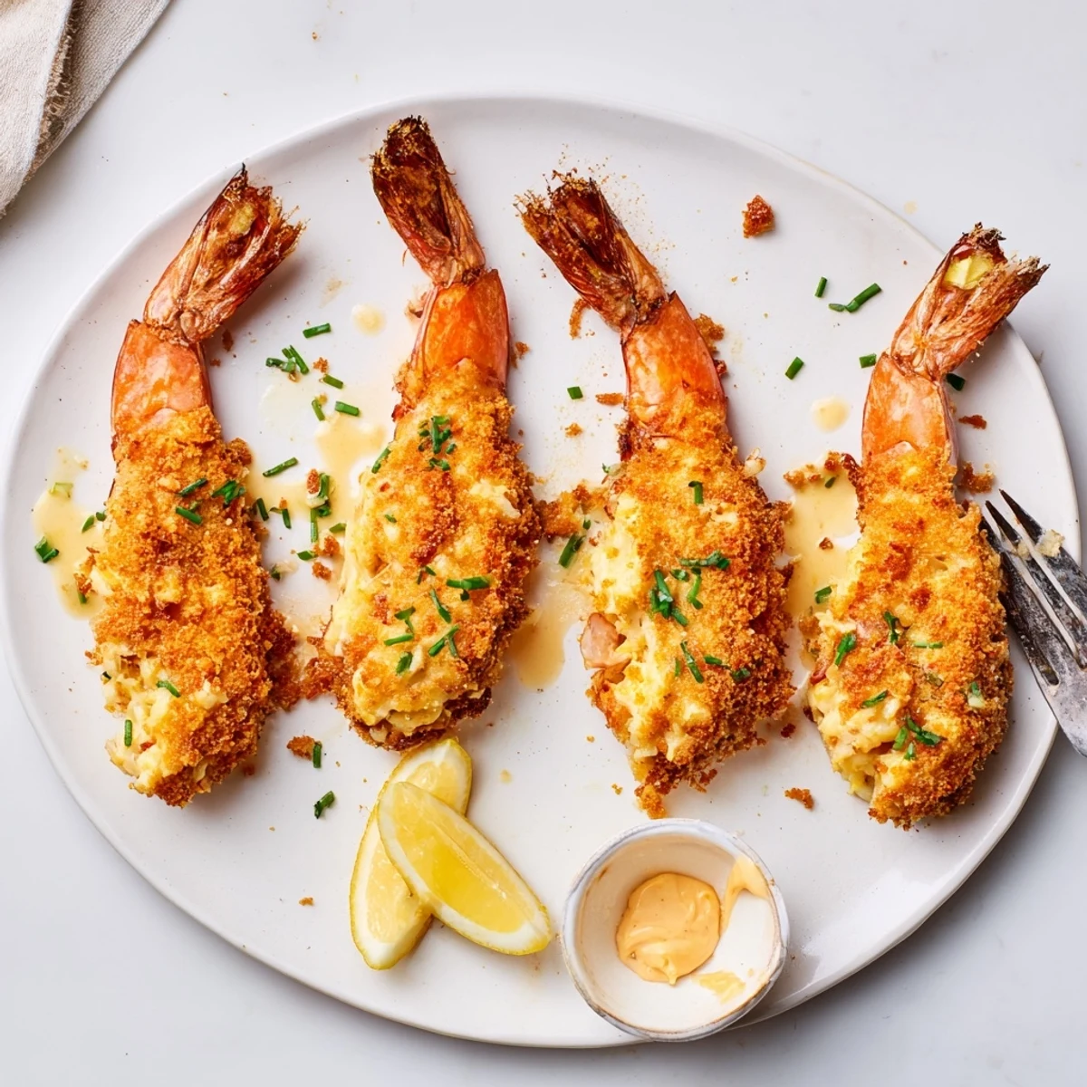 Crab Cake Stuffed Shrimp With Cowboy Butter plated on rustic board, lemon wedges nearby