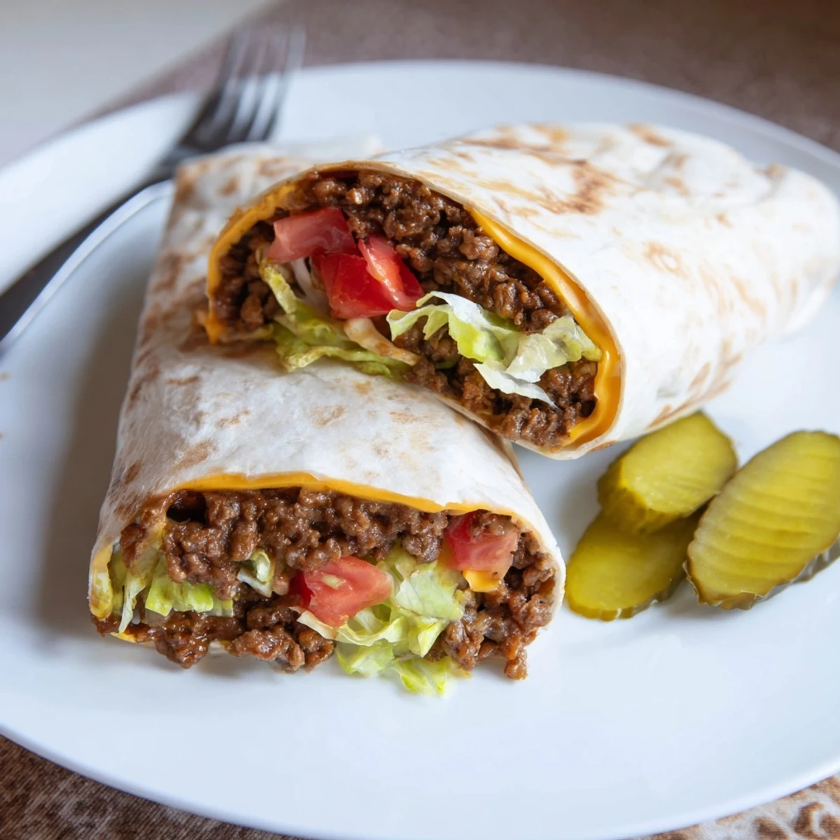 Cheeseburger Wrap Recipe with melted cheddar, warm tortilla, crisp lettuce and tomato