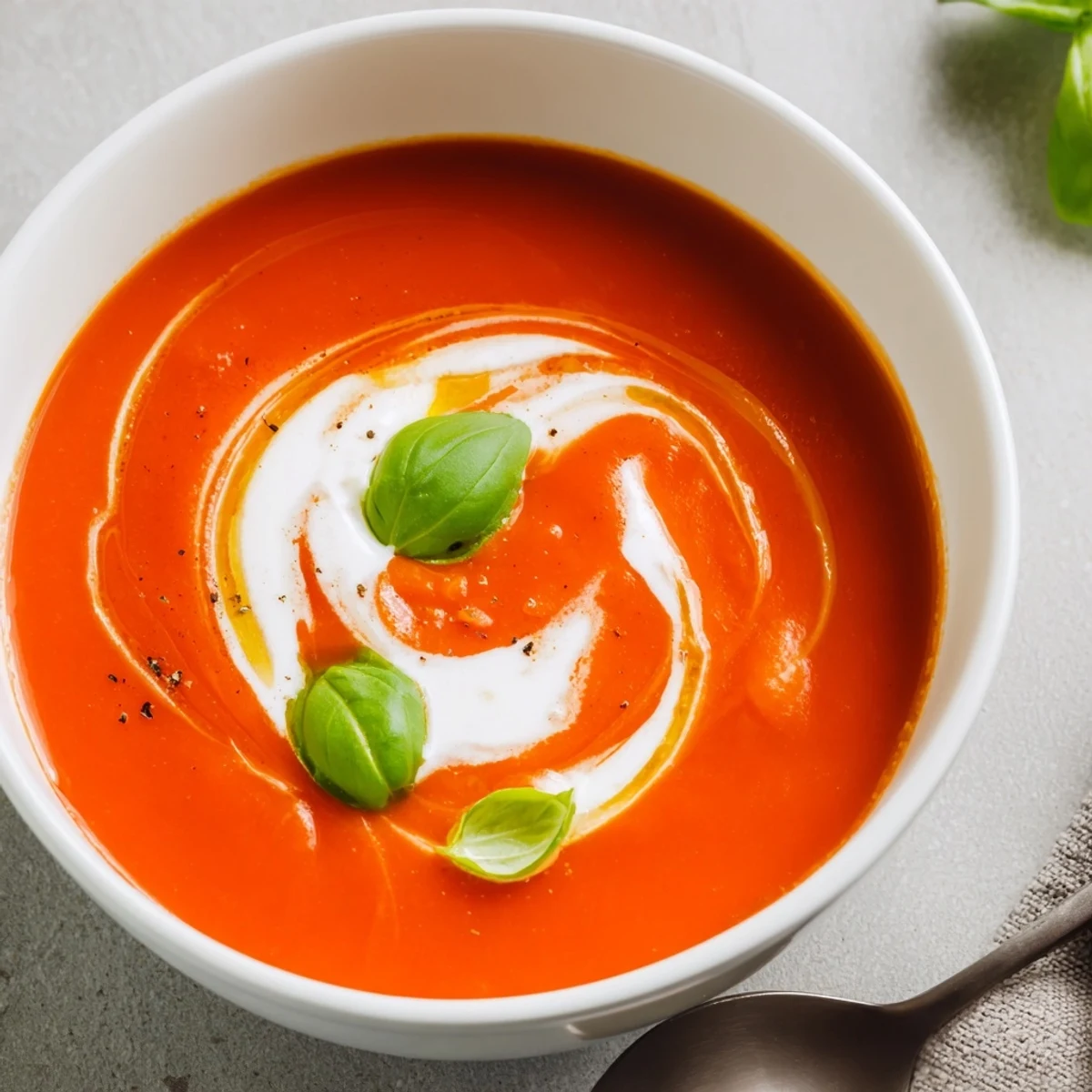 Creamy tomato soup steaming in bowl, garnished with fresh basil and crusty bread