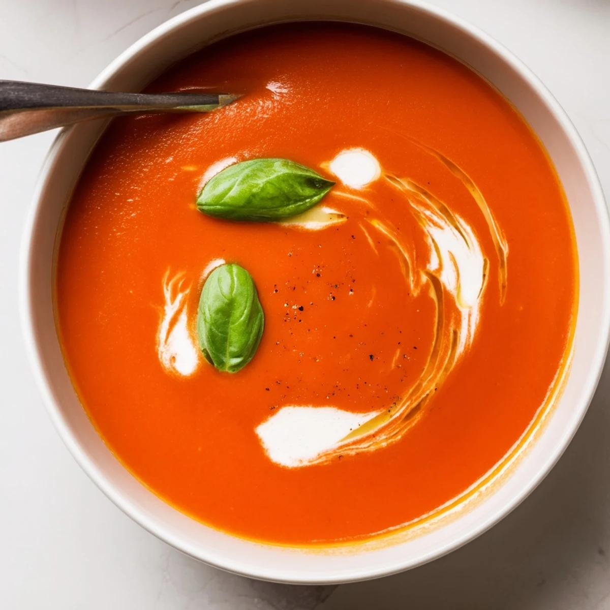 Homemade tomato soup ladled into rustic bowl, paired with grilled cheese
