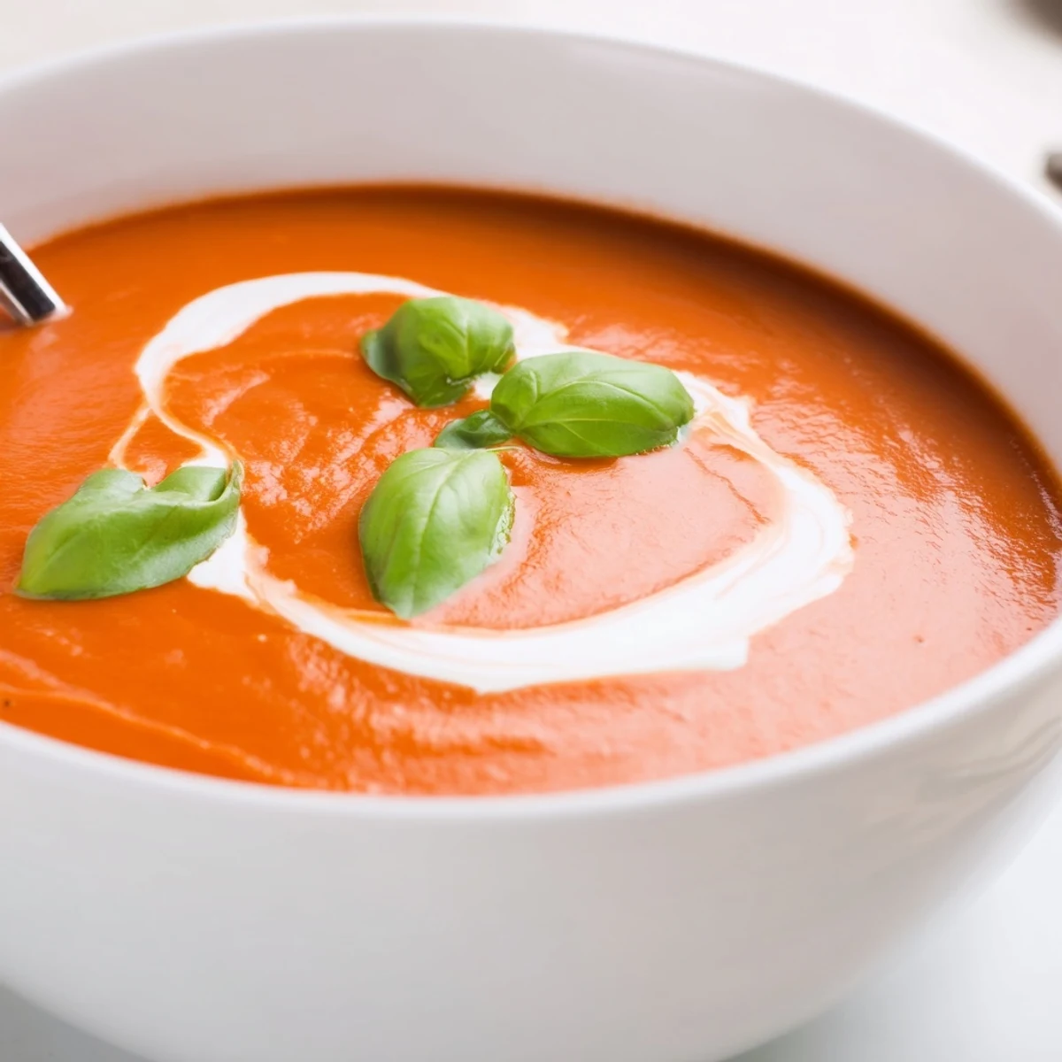 Warm tomato soup blended silky smooth, hint of garlic and basil