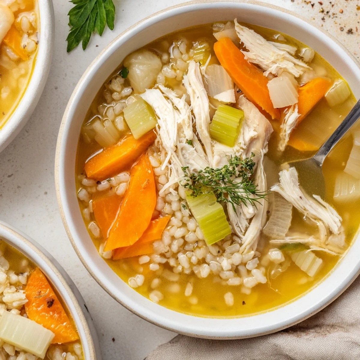 Chicken Soup steaming in bowl with tender chicken, carrots, and parsley.