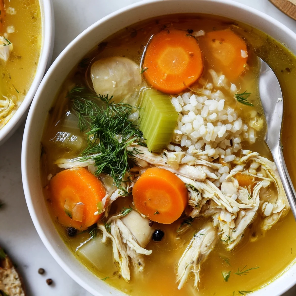 Homemade Chicken Soup simmering with aromatic thyme, celery, and egg noodles.