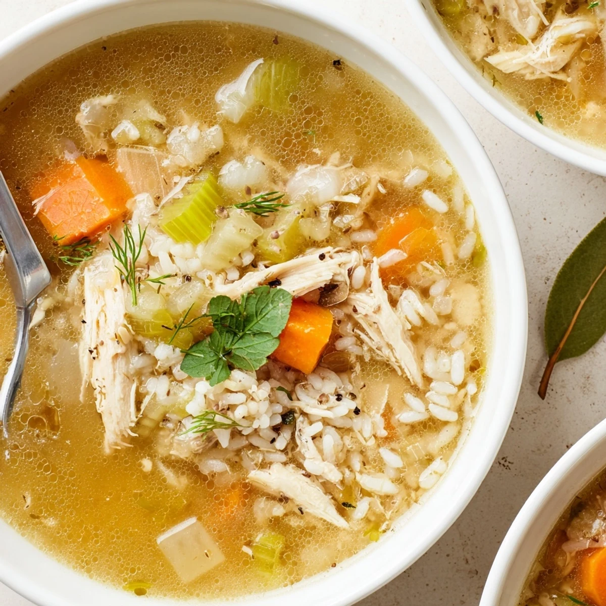 Warm Chicken Soup ladled over rice, garnished with fresh dill and parsley.