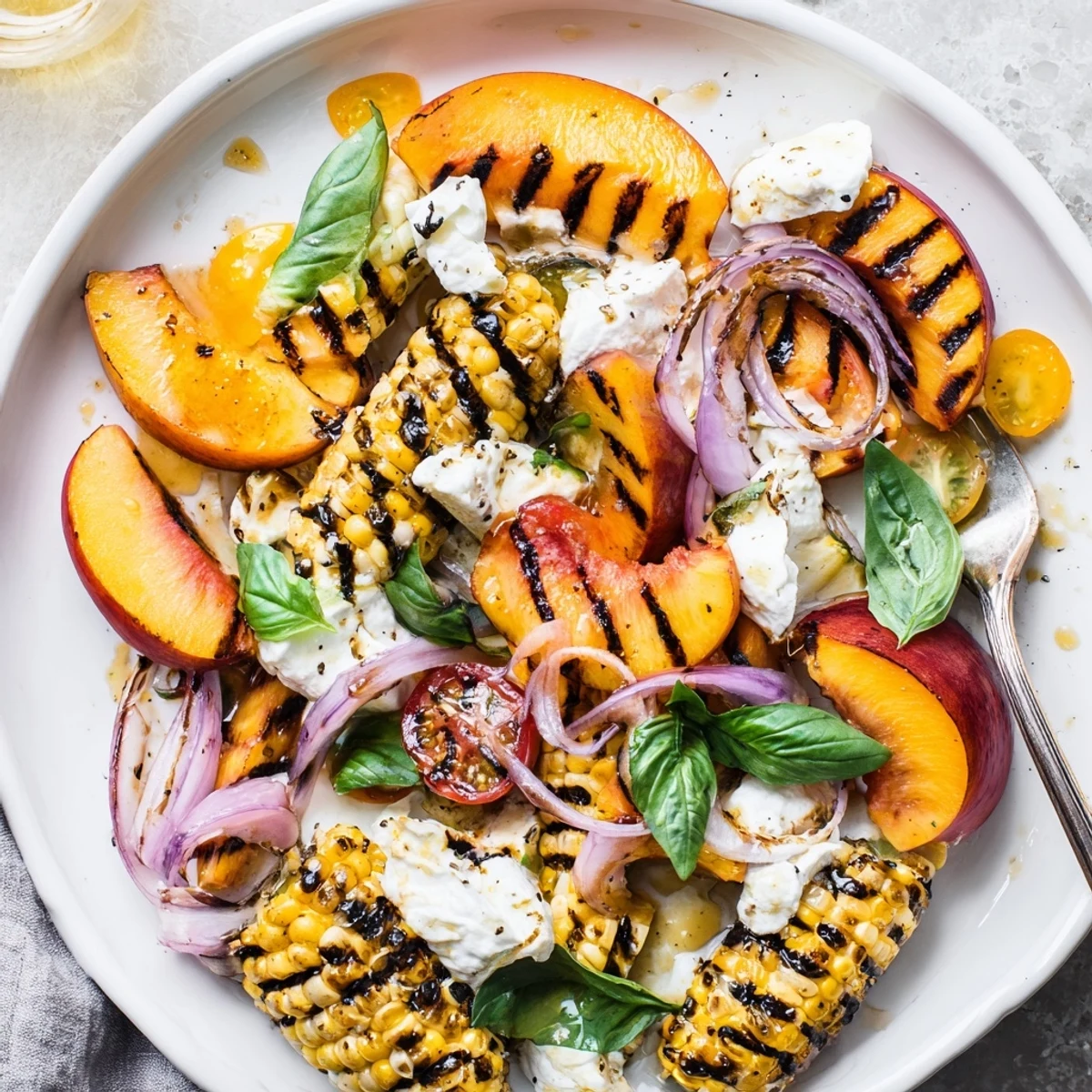 Grilled Peach Corn Salad with Creamy Cheese, charred peaches and sweet corn