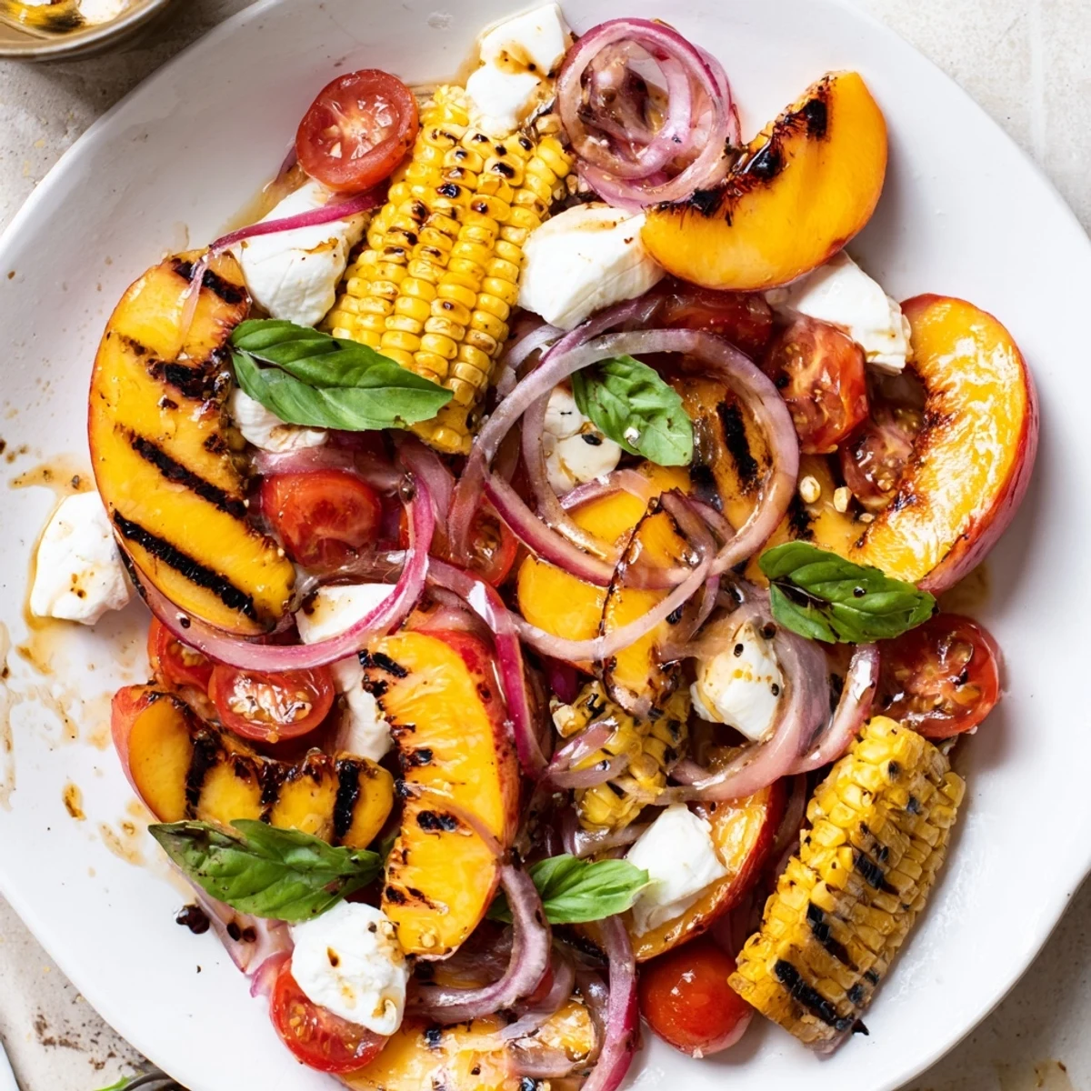 A bowl of Grilled Peach Corn Salad with Creamy Cheese, torn basil