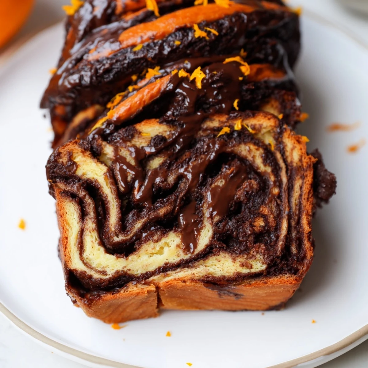 Decadent brioche bread swirled with rich chocolate filling topped with citrus orange glaze