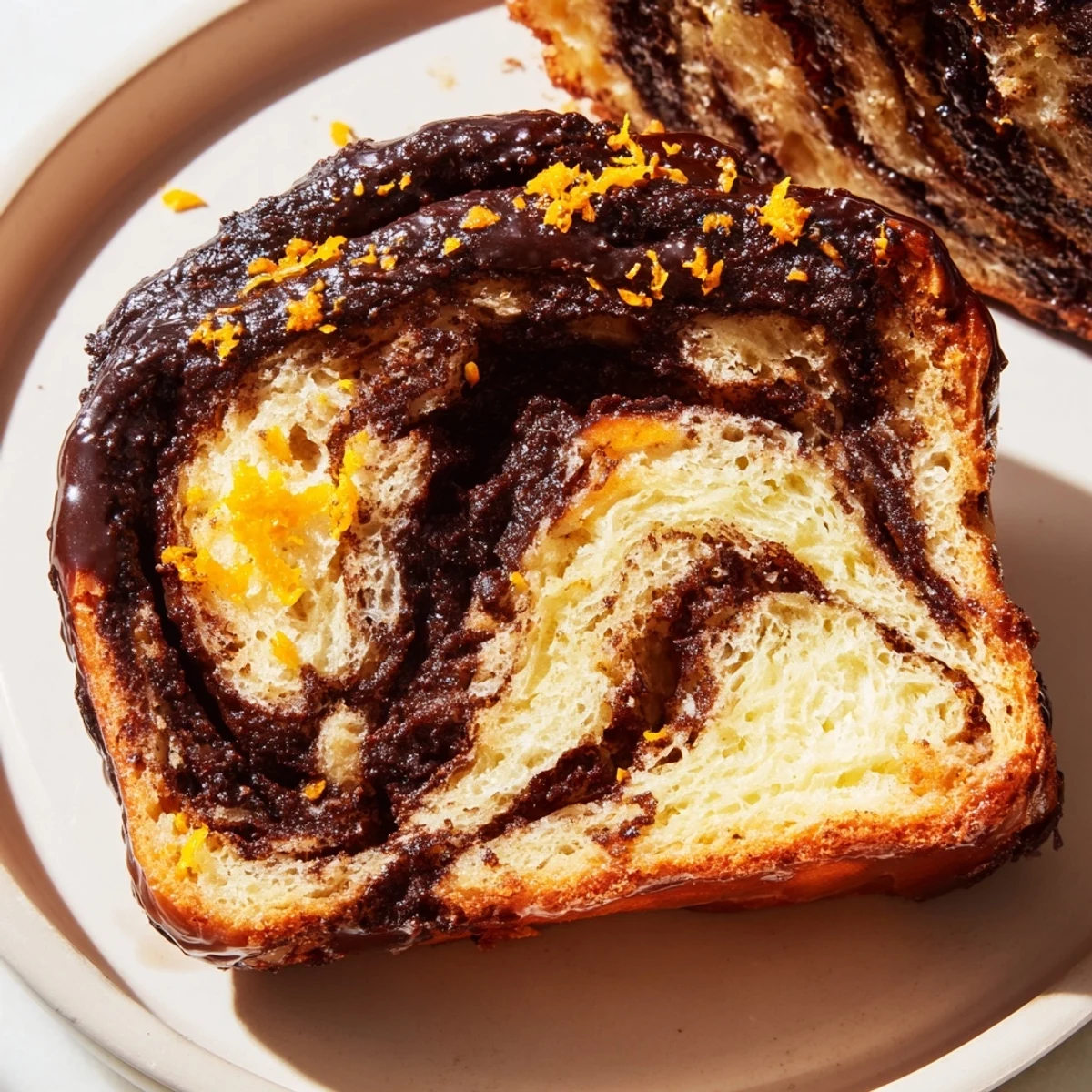 Golden orange glazed chocolate babka with glossy icing drizzle and twisted swirls