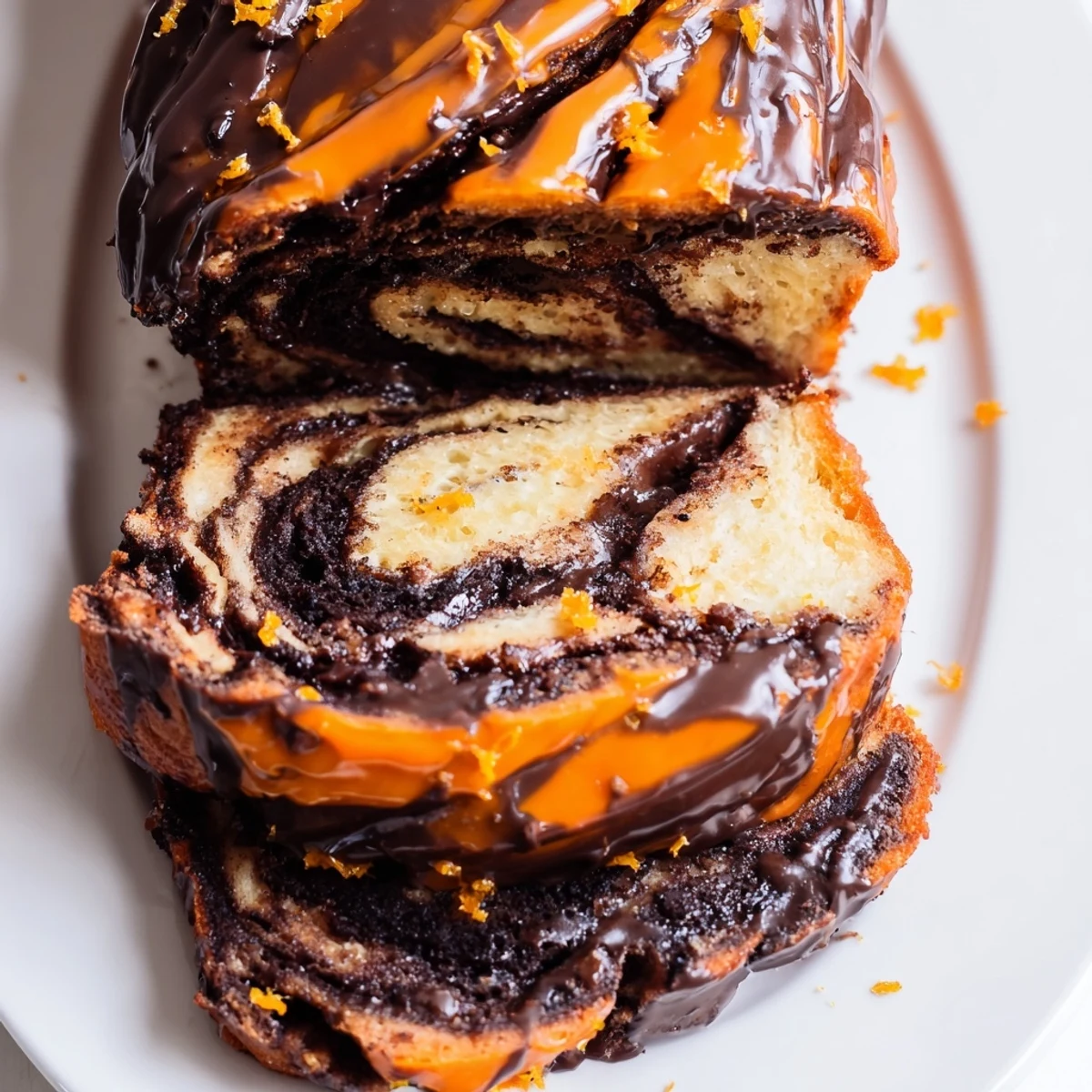 Freshly baked chocolate babka loaf featuring tender crumb and aromatic orange infused glaze