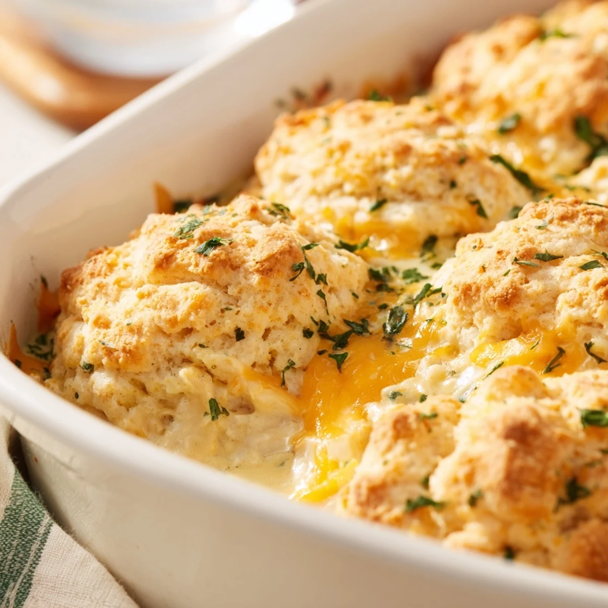 Golden Cheddar Bay chicken cobbler with fluffy cheese biscuits atop creamy vegetable filling
