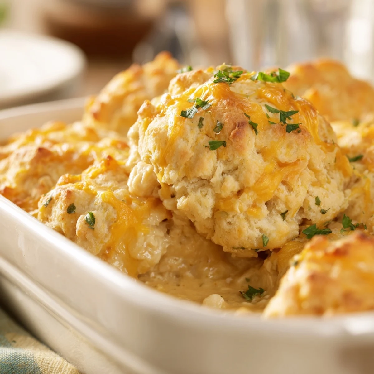 Savory chicken and vegetable casserole baked under golden cheddar garlic biscuit crust