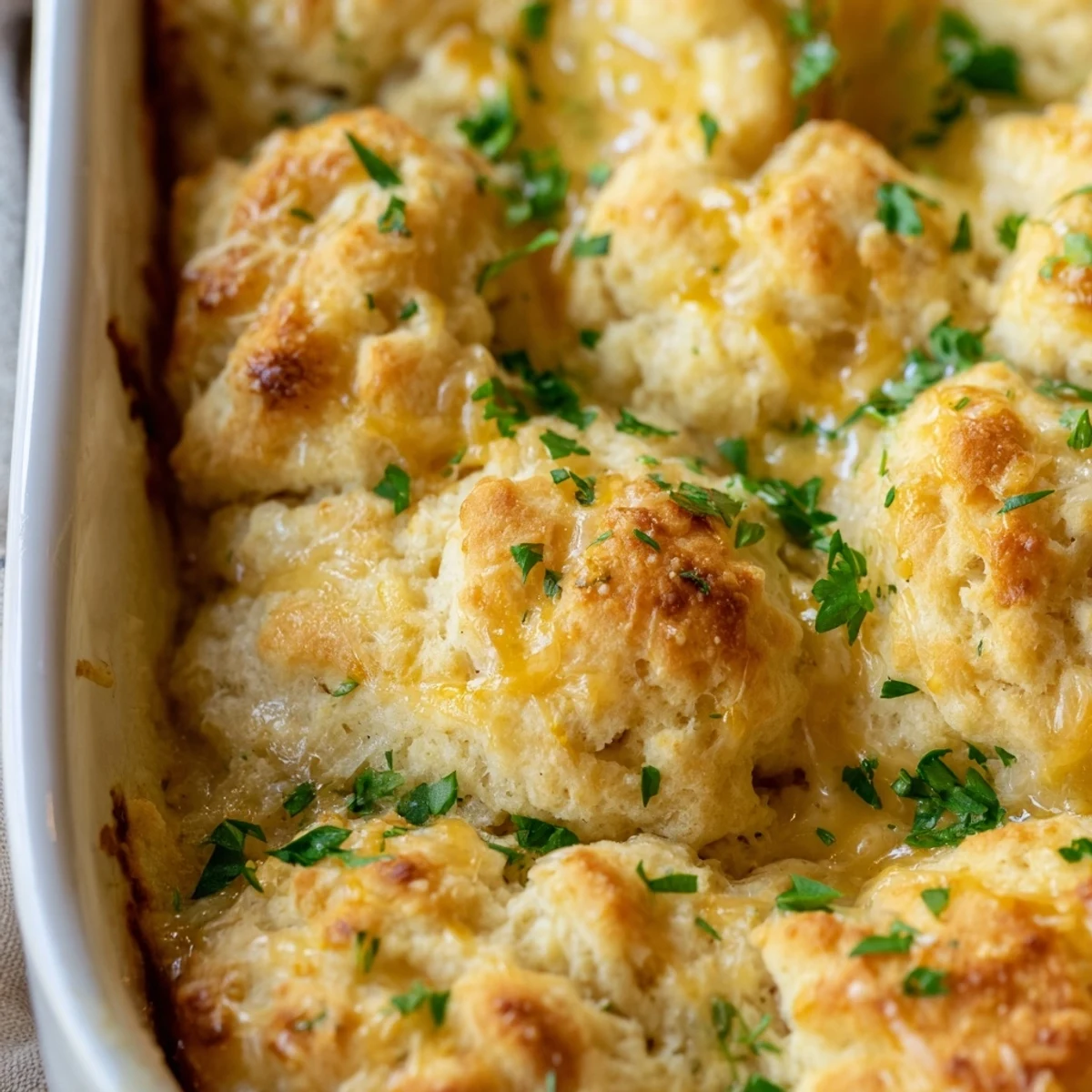 Homemade Cheddar Bay chicken cobbler featuring tender chicken in rich sauce with buttery herb topping