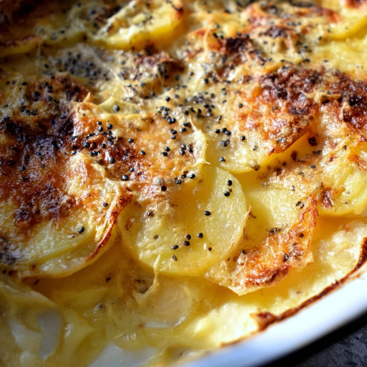 Golden potato slices layered in creamy sauce topped with melted Gruyère cheese and nigella seeds