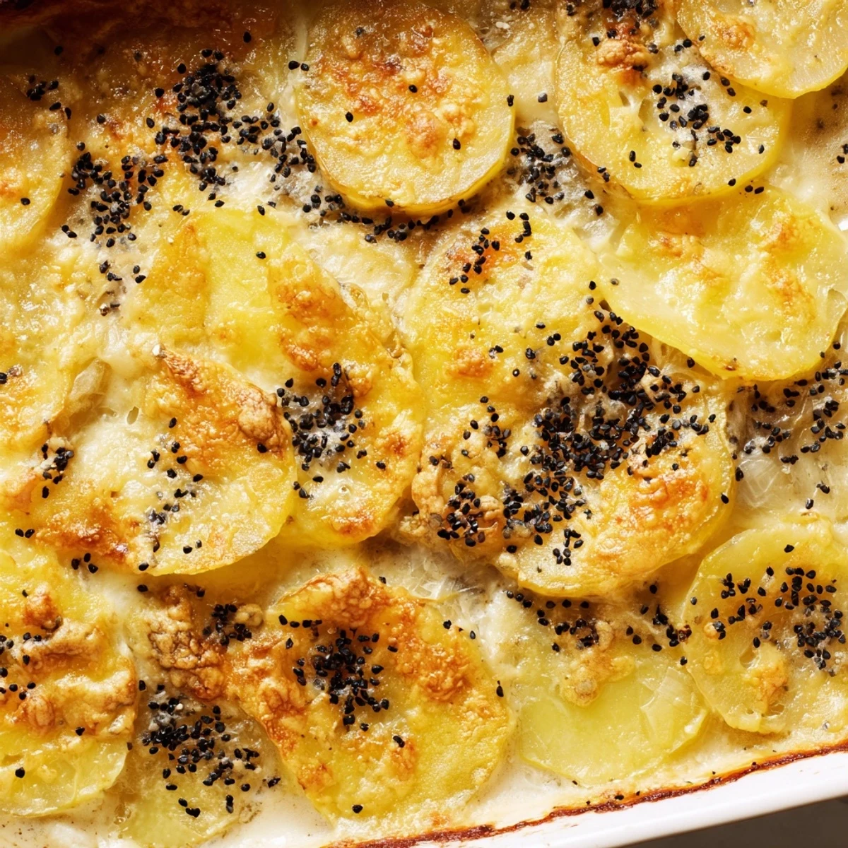 Creamy potato gratin infused with nigella seeds served in rectangular baking dish with golden crust