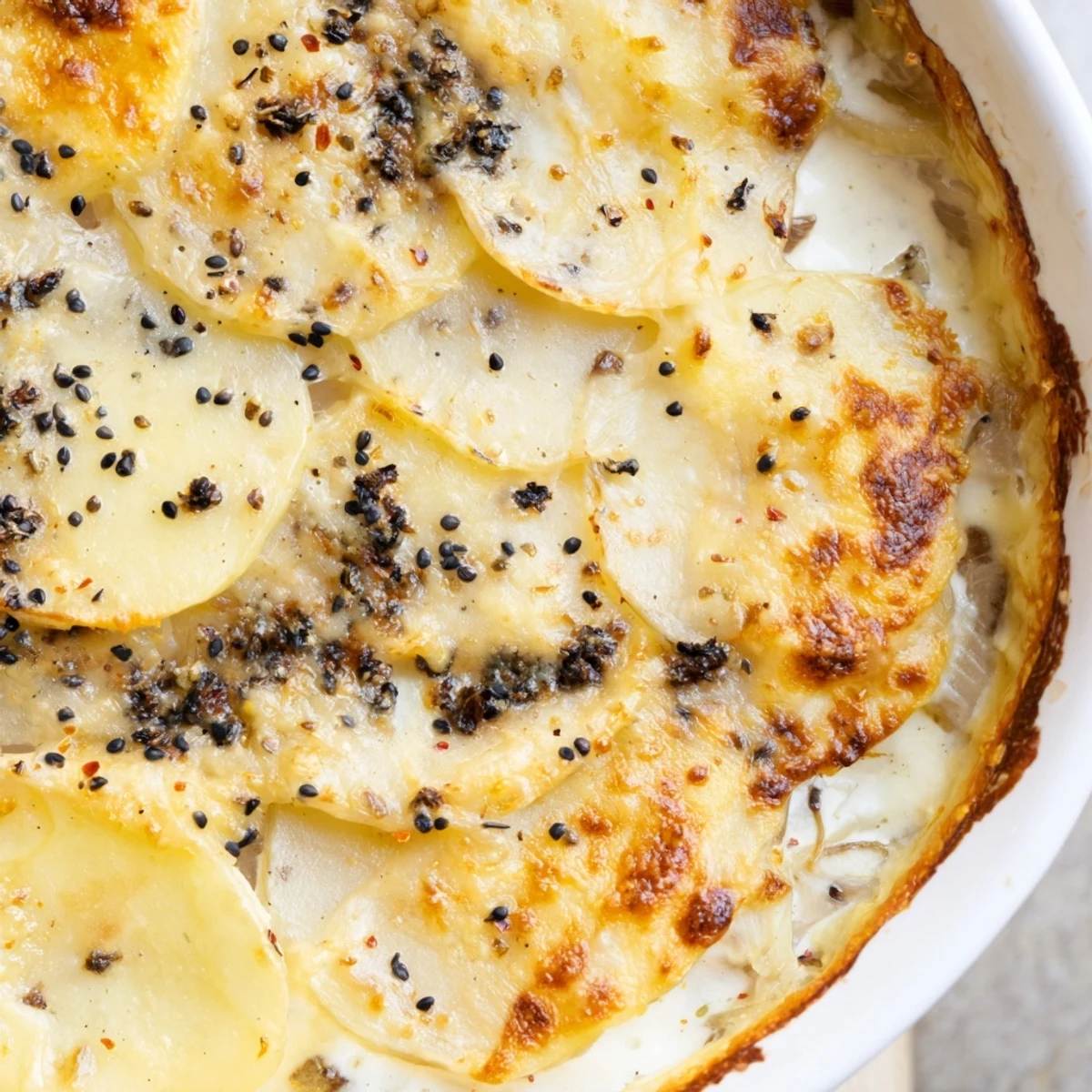 Bubbling Nigella potato gratin fresh from oven with crispy browned cheese surface and aromatic spices