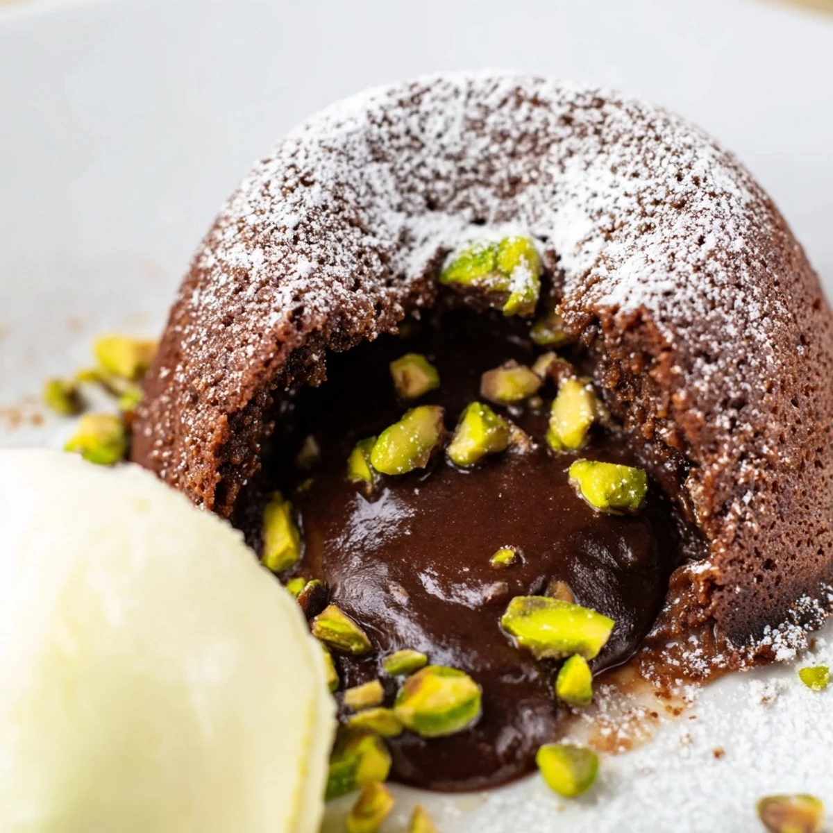 Rich pistachio chocolate lava cakes with molten centers drizzled with vanilla ice cream