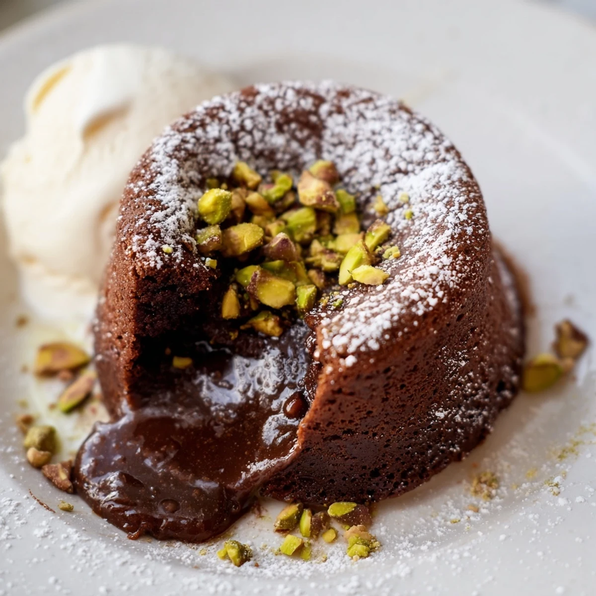 Golden pistachio chocolate lava cakes topped with chopped nuts and powdered sugar