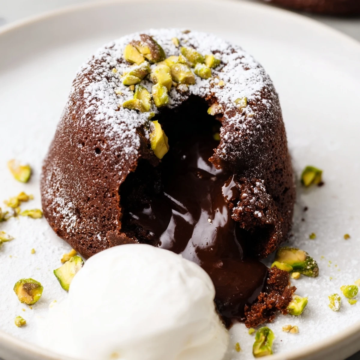 Warm chocolate pistachio lava cakes oozing gooey chocolate on white dessert plates