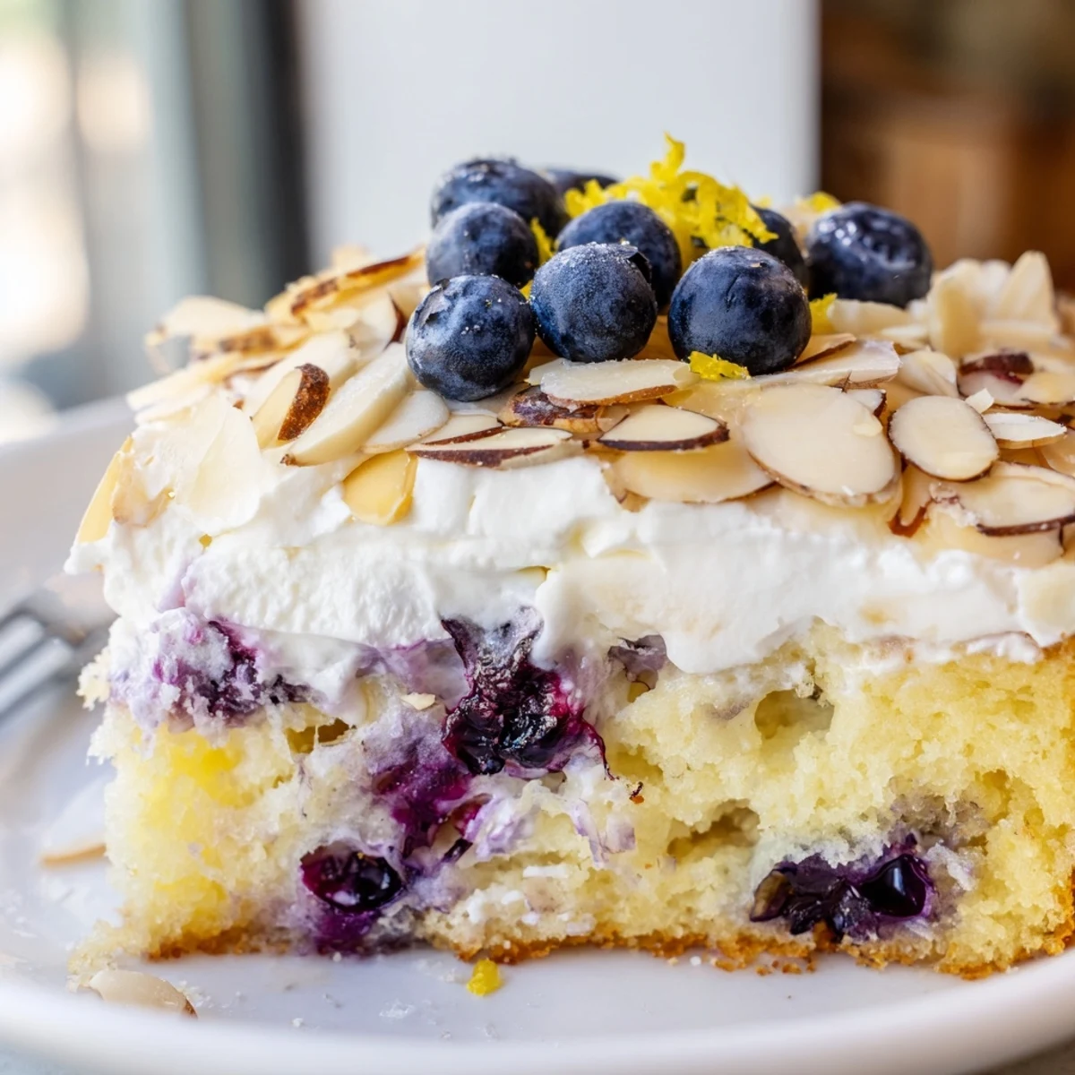 Golden slice of lemon blueberry poke cake topped with whipped cream and toasted almonds