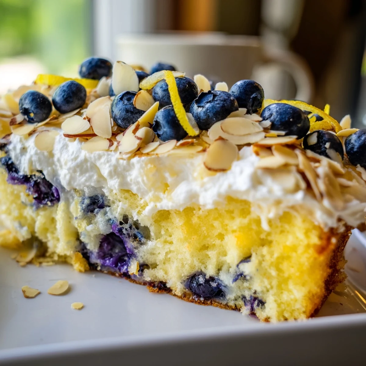 White frosted lemon blueberry cake with crunchy almond garnish on a serving plate