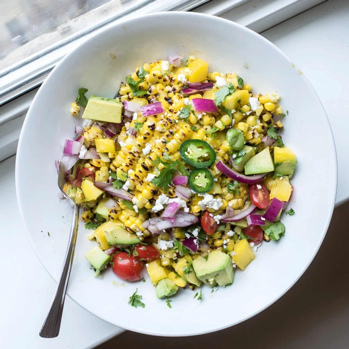 Golden charred corn and avocado salad topped with colorful tropical fruits and vegetables in a bright bowl, finished with crumbled feta and fresh herbs