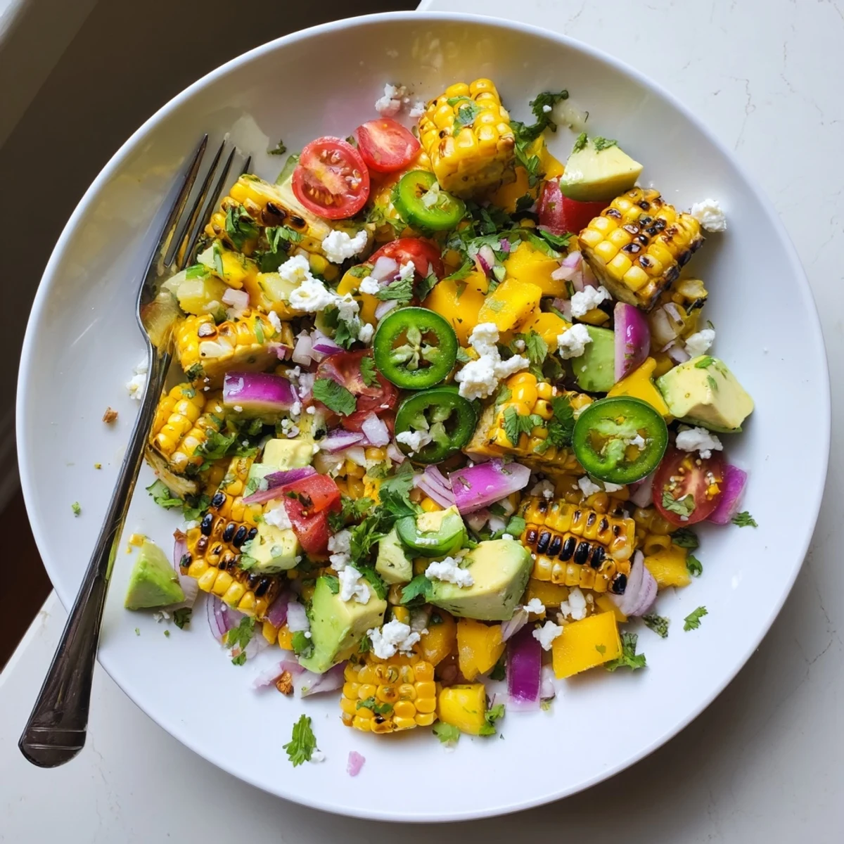 Vibrant tropical charred corn and avocado salad with grilled corn kernels, creamy diced avocado, fresh pineapple, mango, cherry tomatoes, and cilantro tossed in zesty lime dressing