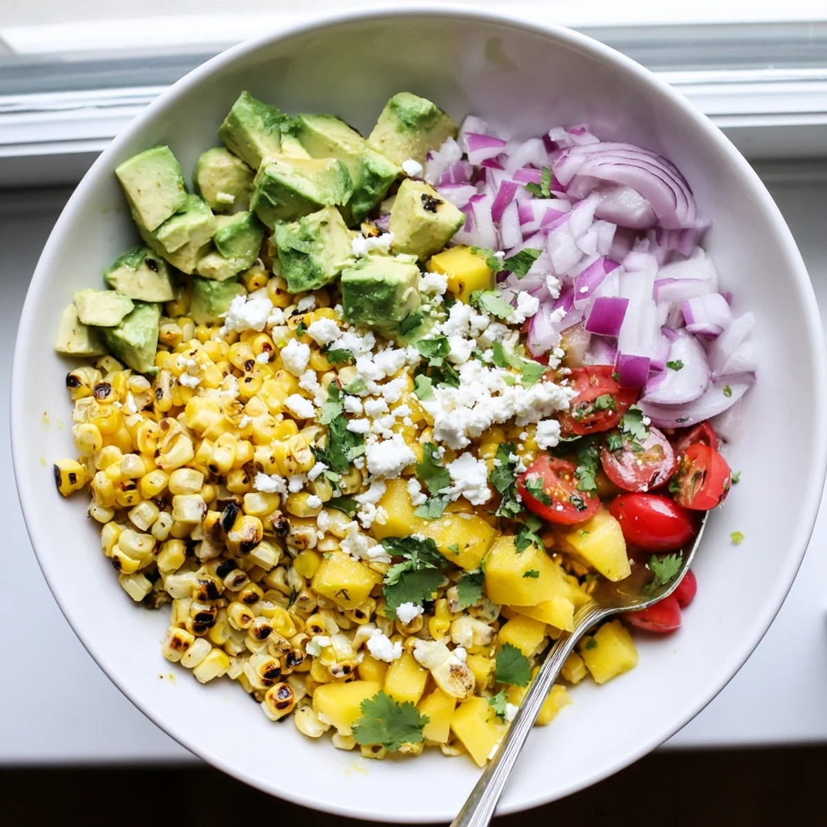Summer tropical charred corn and avocado salad featuring sweet grilled corn, buttery avocado chunks, juicy pineapple and mango with tangy lime cumin dressing