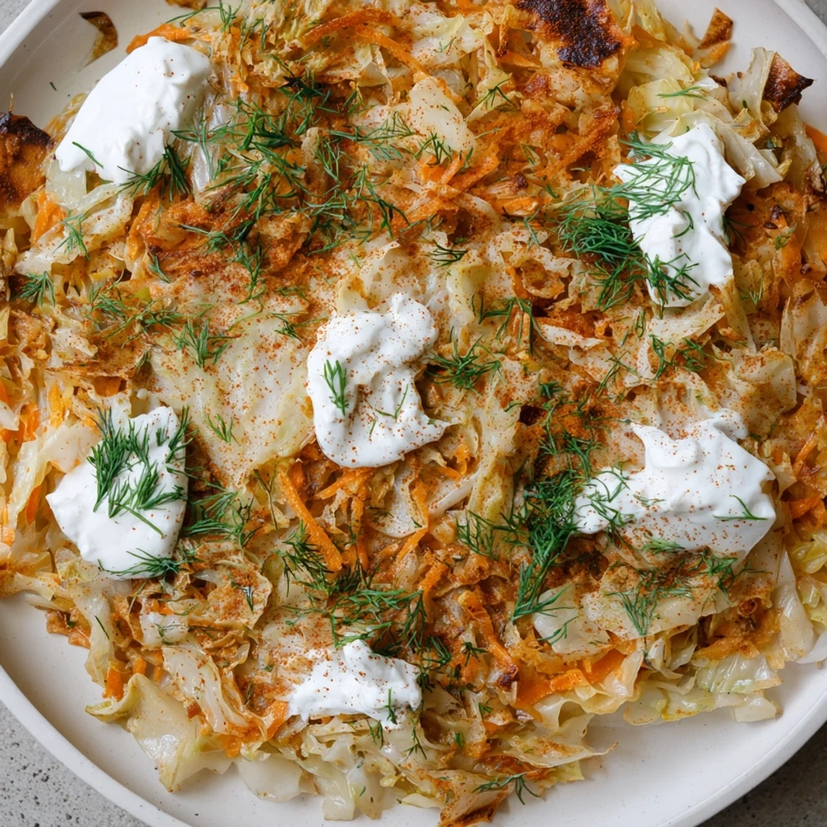 Golden brown slow roasted cabbage and sauerkraut casserole topped with fresh dill sprigs