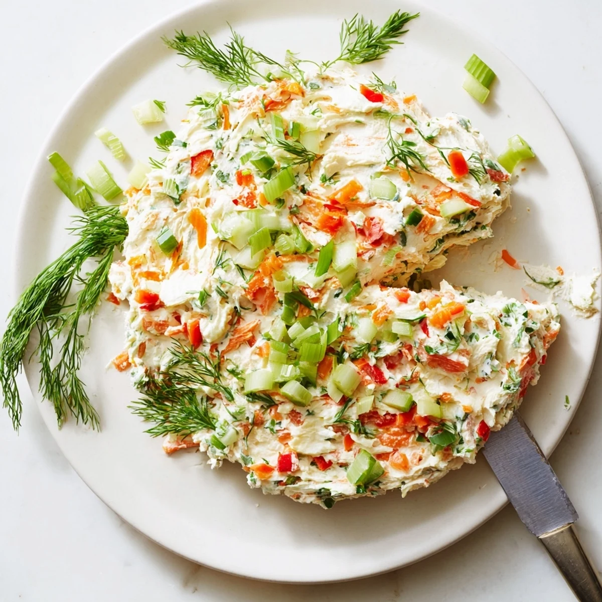 Creamy garden vegetable spread served with crackers, showcasing colorful diced peppers, carrots, and fresh herbs