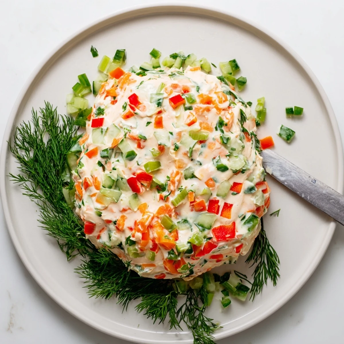 Garden vegetable spread recipe topped with parsley and dill, perfect for dipping crisp vegetables and crackers