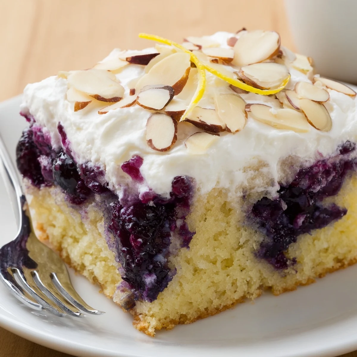 Lemon Blueberry Poke Cake With Almond Topping cooling on wire rack, glossy blueberry pockets.