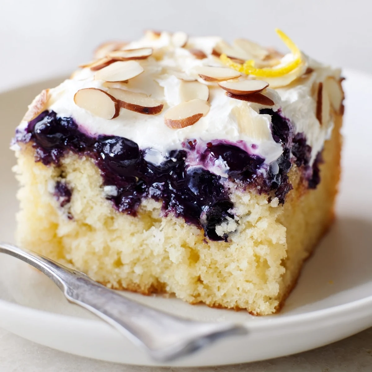 Sliced Lemon Blueberry Poke Cake With Almond Topping showing creamy almond frosting, toasted almonds.
