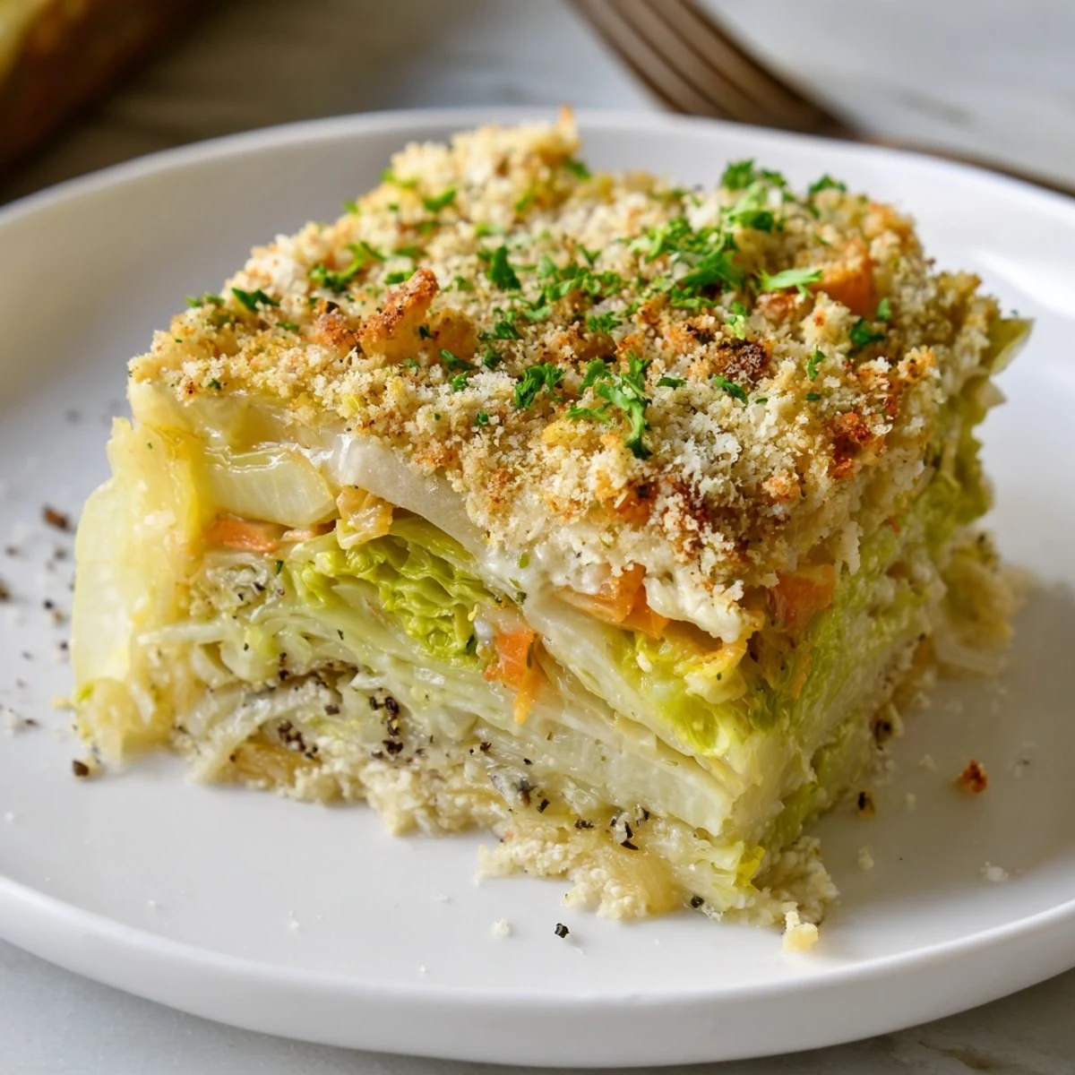 Slow Roasted Cabbage And Sauerkraut Casserole bubbling with golden breadcrumb crust, tangy aroma