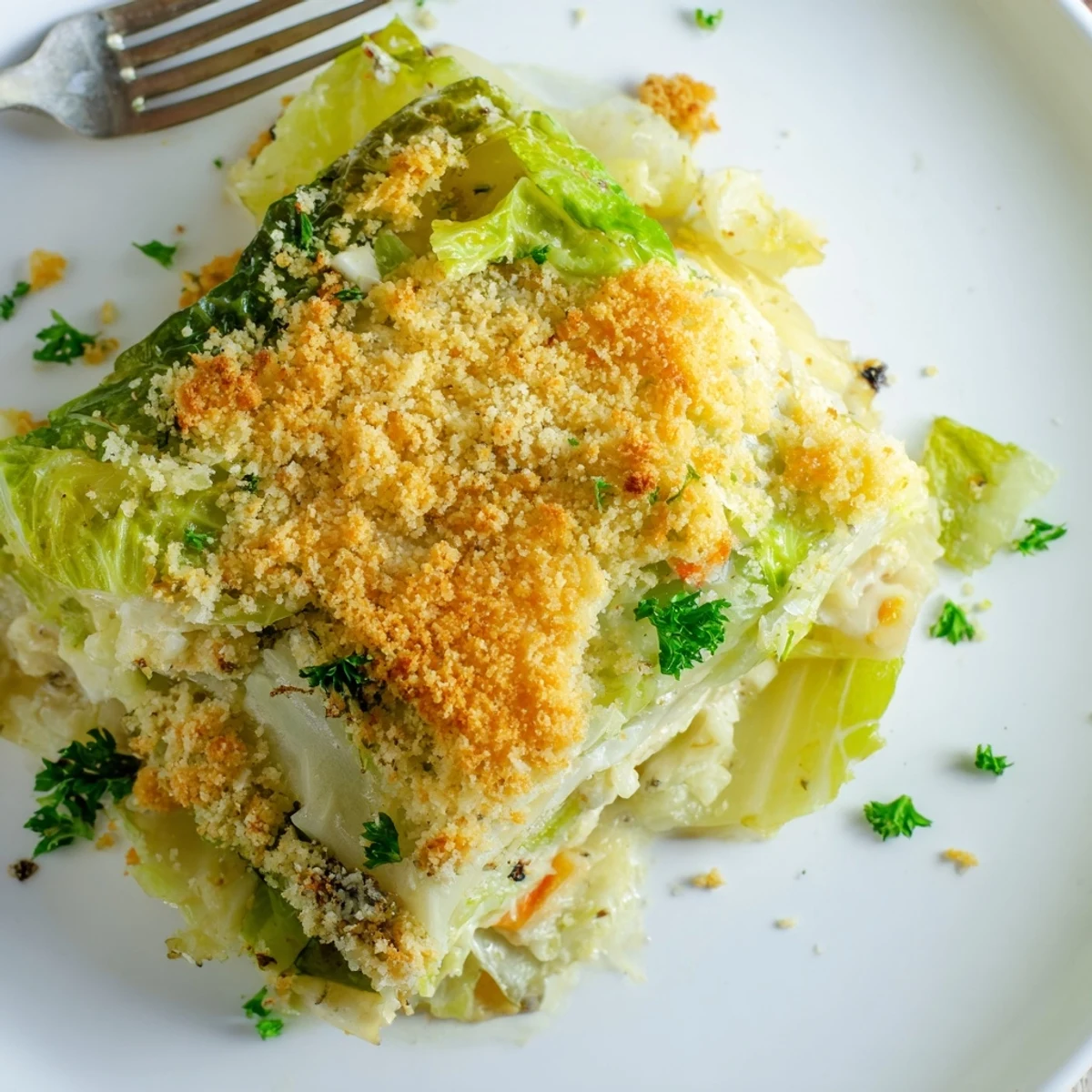 Slice of Slow Roasted Cabbage And Sauerkraut Casserole on plate, steamy and savory