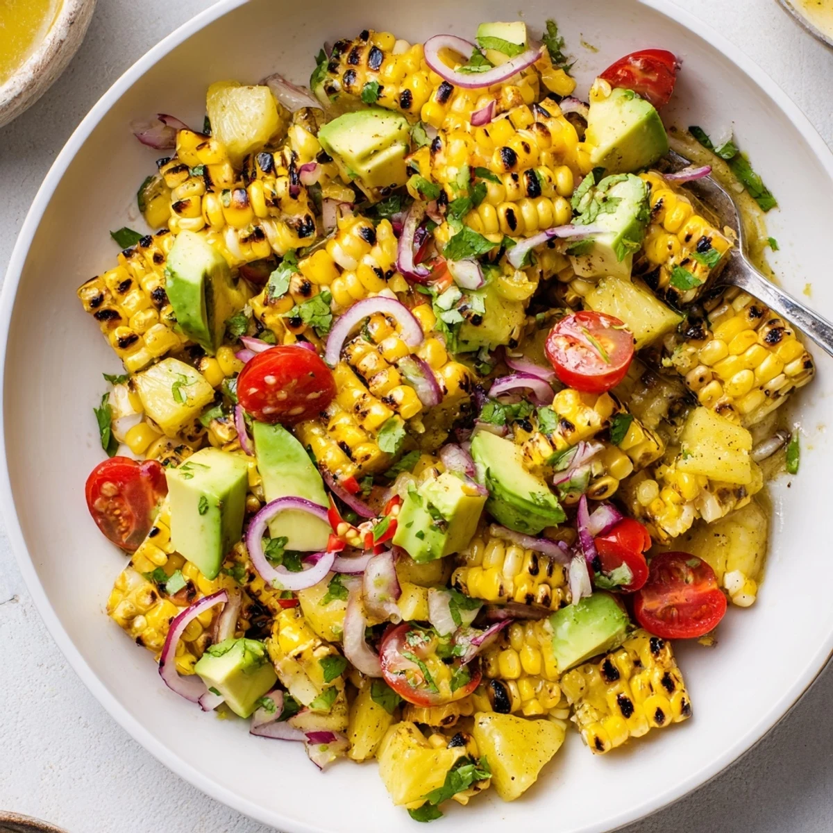 Tropical Charred Corn And Avocado Salad with juicy pineapple and lively lime dressing sheen