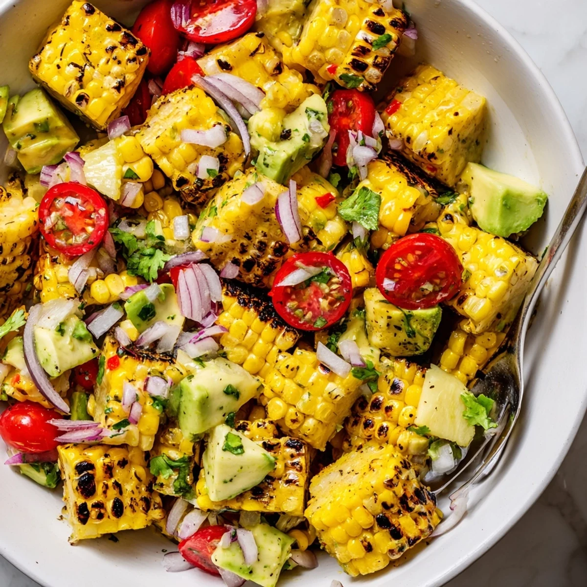 Bright Tropical Charred Corn And Avocado Salad tossed with cilantro, chili, and lime