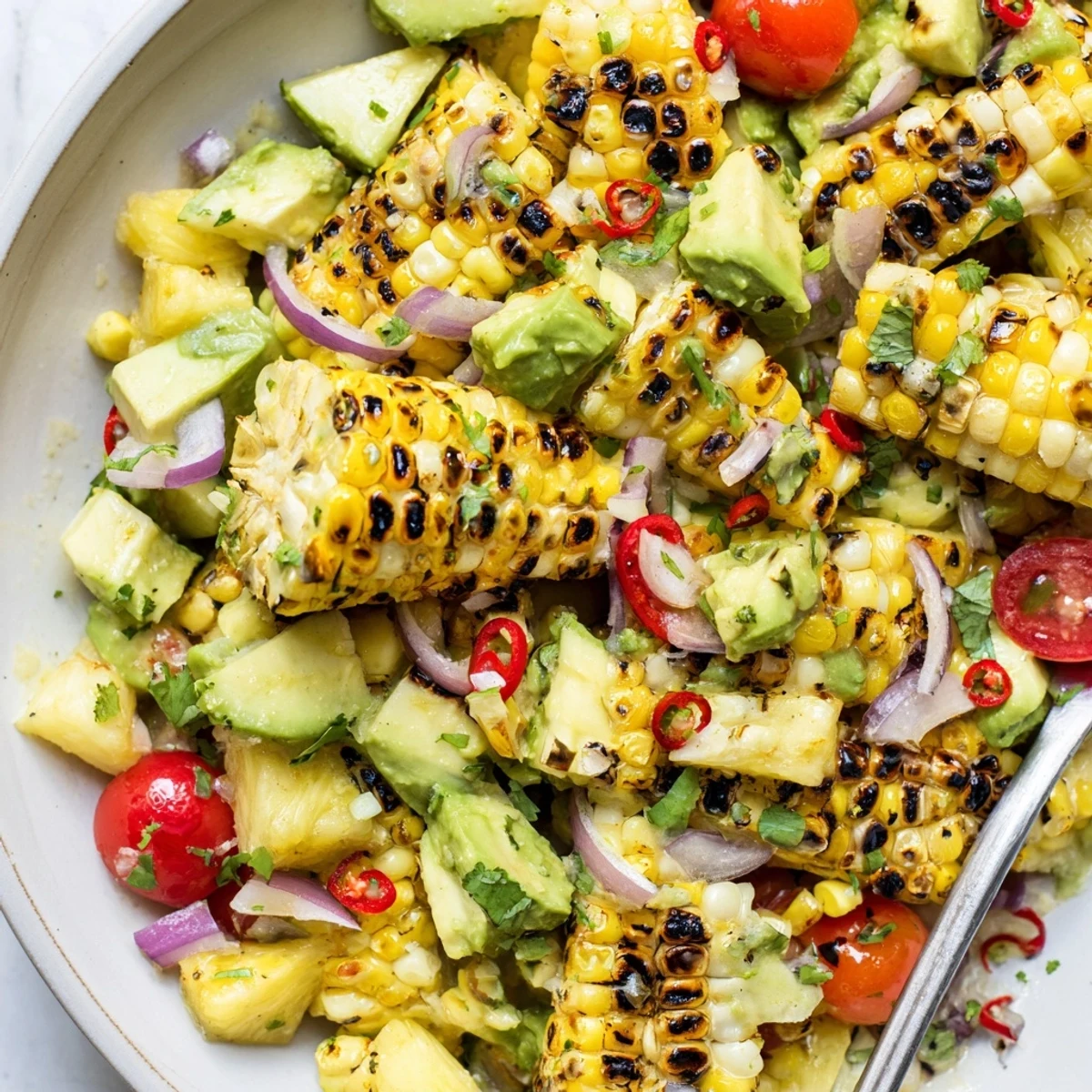 Grilled kernels highlight Tropical Charred Corn And Avocado Salad on white summer plate