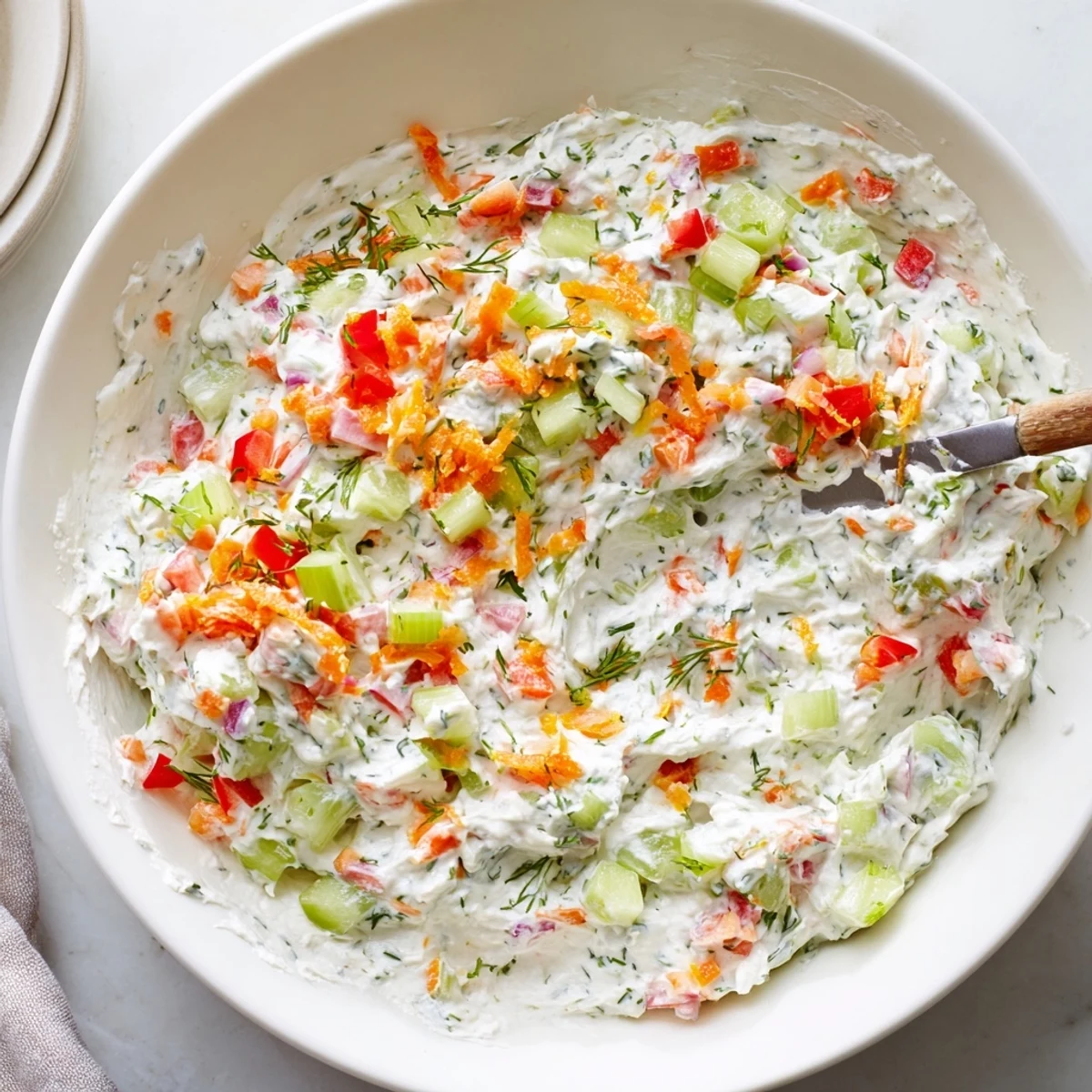 Chilled Garden Vegetable Spread Recipe on crackers, creamy, herby, crisp vegetable bits