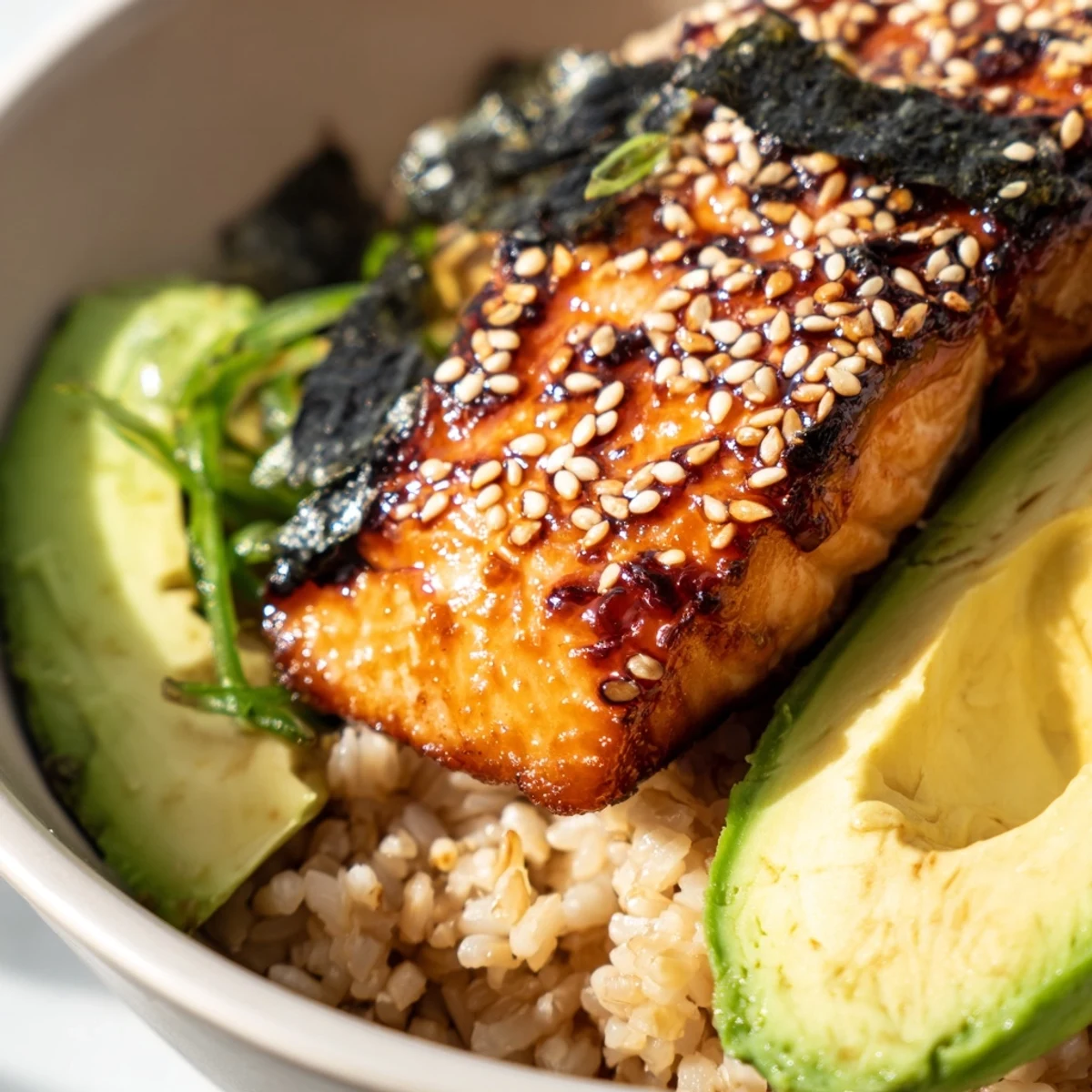 Miso salmon grain bowl with caramelized glaze served over fluffy brown rice