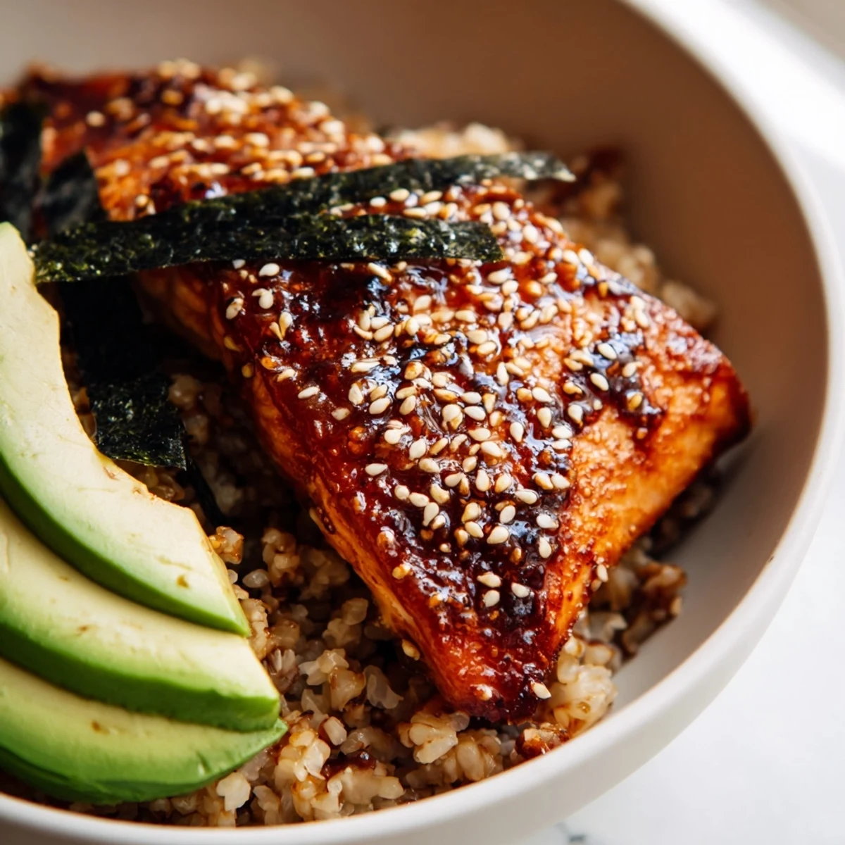 Vibrant miso salmon grain bowl featuring sliced avocado edamame and tangy dressing