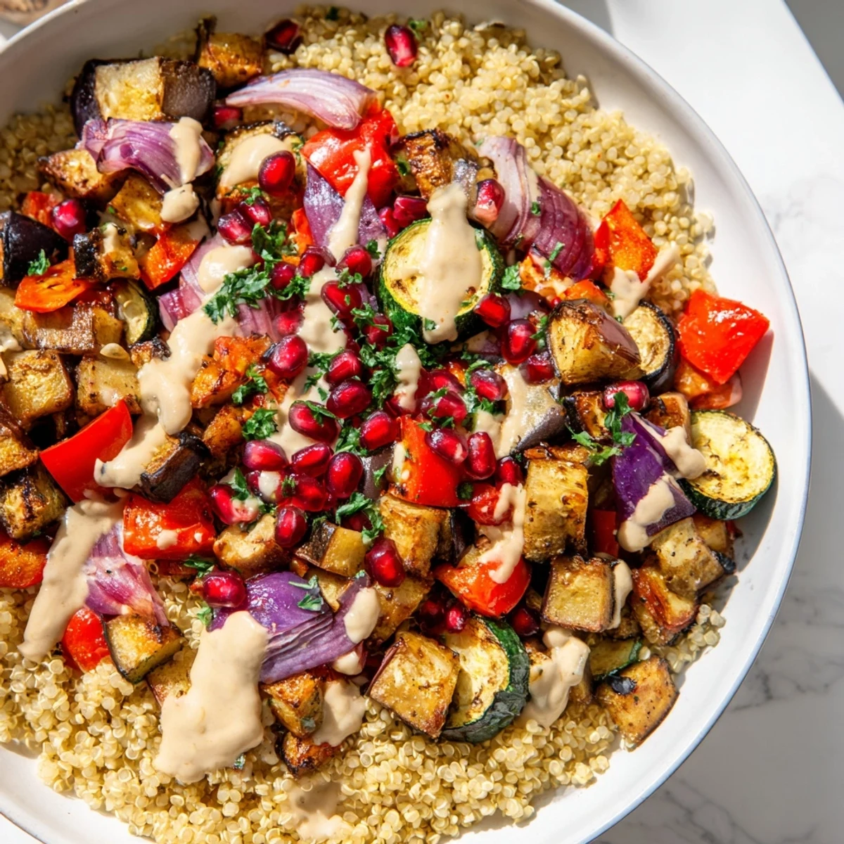 Roasted eggplant grain bowl topped with colorful vegetables and creamy tahini dressing