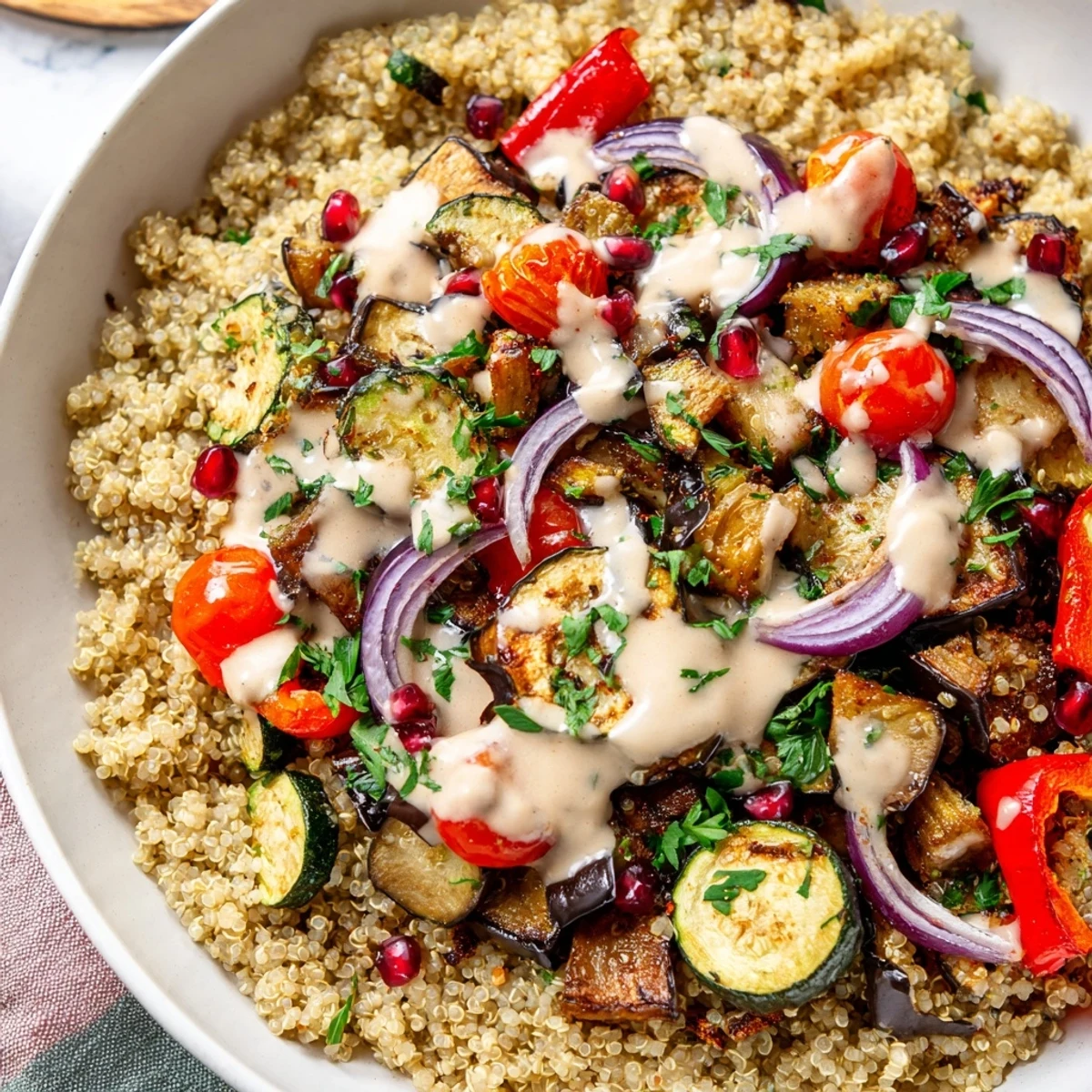 Smoky roasted eggplant grain bowl served over fluffy quinoa with fresh herbs