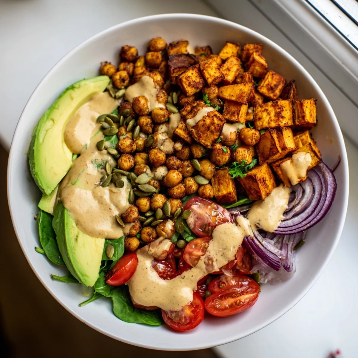 Golden roasted sweet potato chickpea bowl drizzled with creamy tahini dressing on fresh greens