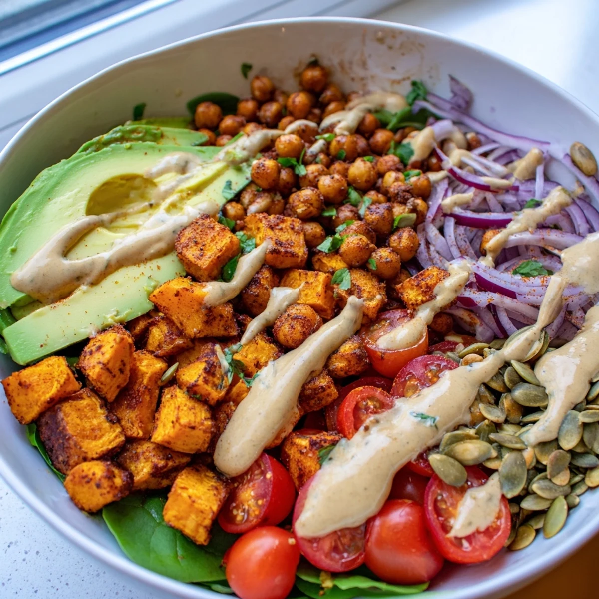 Colorful sweet potato chickpea bowl with cherry tomatoes, herbs, and zesty lemon tahini drizzle