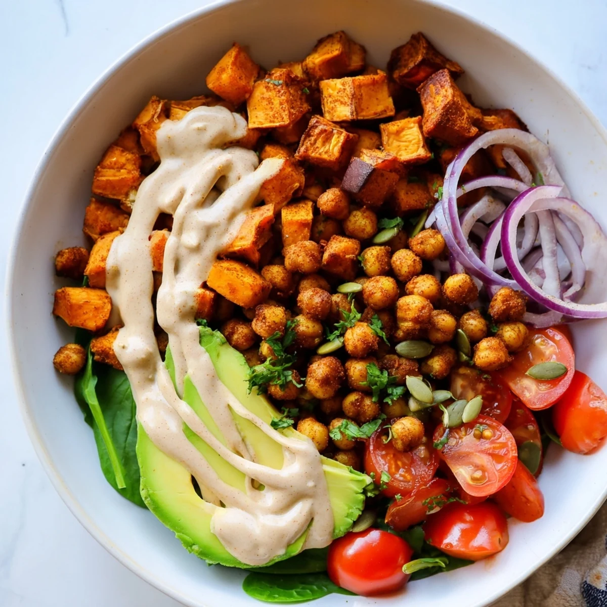 Crispy chickpeas and caramelized sweet potato chickpea bowl topped with sliced ripe avocado